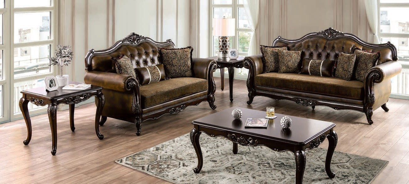 FM65003BR 2 pc Ensenada brown patterned fabric and leatherette traditional sofa and love seat set dark cherry wood trim
