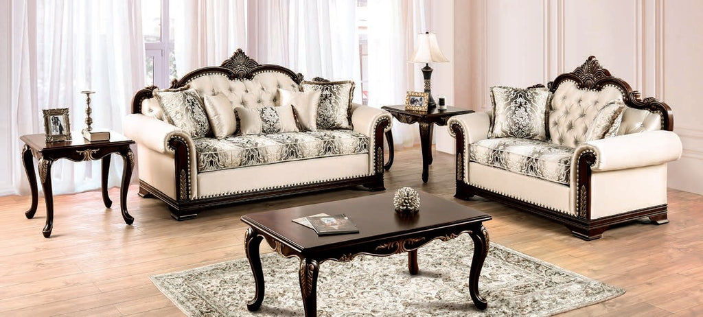 FM65004BG 2 pc Yucatan beige fabric traditional sofa and love seat set dark cherry wood trim