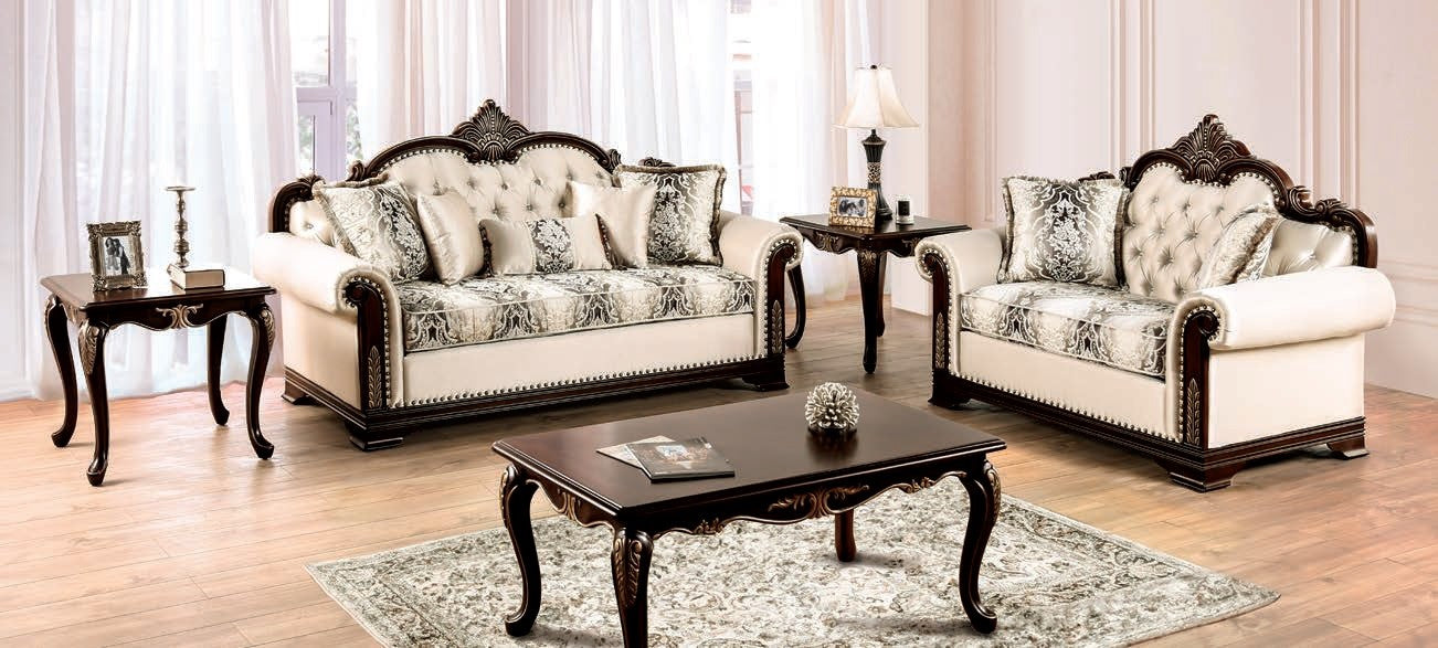 FM65004BG 2 pc Yucatan beige fabric traditional sofa and love seat set dark cherry wood trim