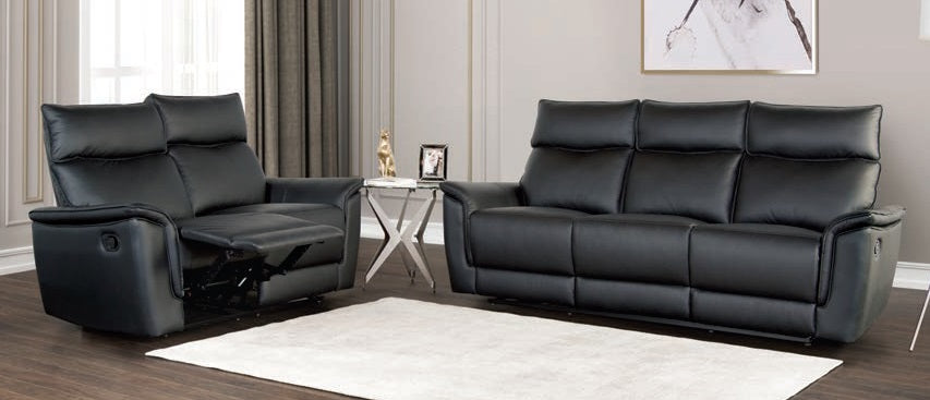 FM69002BK-2PC 2 pc Bienne black leather match sofa and love seat with recliners on each end