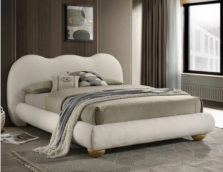 FM72005WH Finamore white boucle fabric upholstered and tufted natural oak legs camel back style queen bed