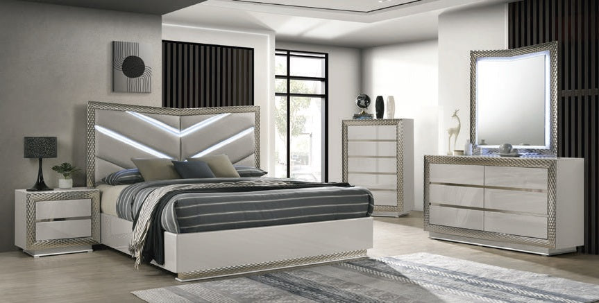 FM7251GY-4PC  4 pc ventnor grey finsh wood padded LED headboard queen bed set with metal accent trim