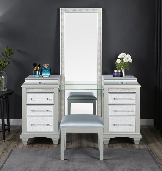 FM74006SV-V-SET 3 pc Galea silver finish wood bedroom vanity make up set LED mirror
