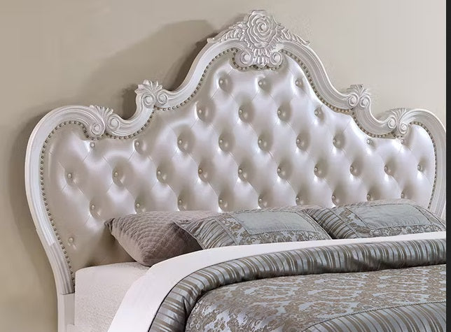 FM7635WH-4PC 4 pc Ventresca white finish wood ornate carved tufted faux leather headboard queen bedroom set