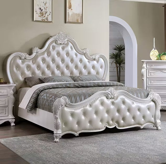 FM7635WH-4PC 4 pc Ventresca white finish wood ornate carved tufted faux leather headboard queen bedroom set