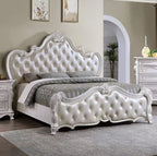 FM7635WH-4PC 4 pc Ventresca white finish wood ornate carved tufted faux leather headboard queen bedroom set