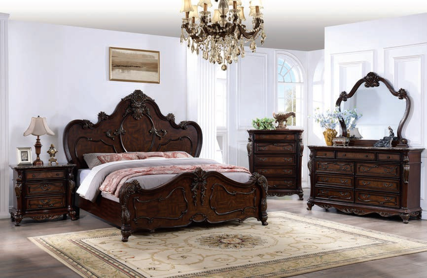 FM7636CH-4PC 4 pc Roselli cherry finish wood ornate carved headboard queen bedroom set