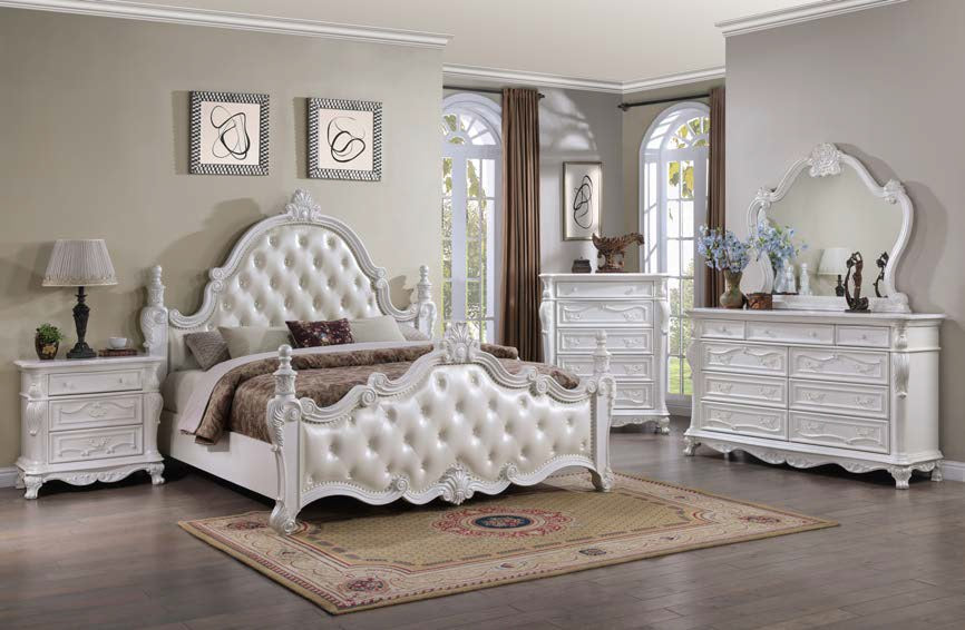 FM7637WH-4PC 4 pc Cremona white finish wood ornate carved tufted faux leather finial poster headboard queen bedroom set