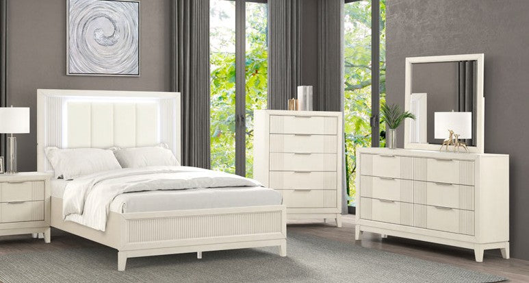 FM7700WH-4PC  4 pc Isadora antique white finish wood channel tufted fabric led lighting trim queen bed set