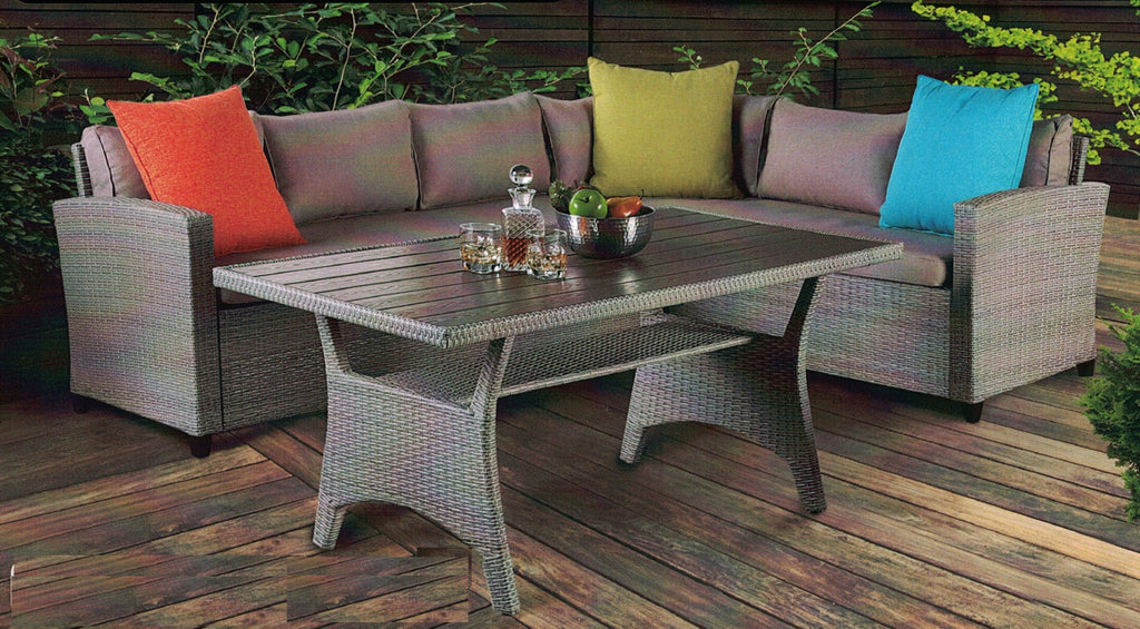 FM80001GG-SET 3 pc Palm Springs grey rattan wicker and steel frame patio dining table set with sectional seating