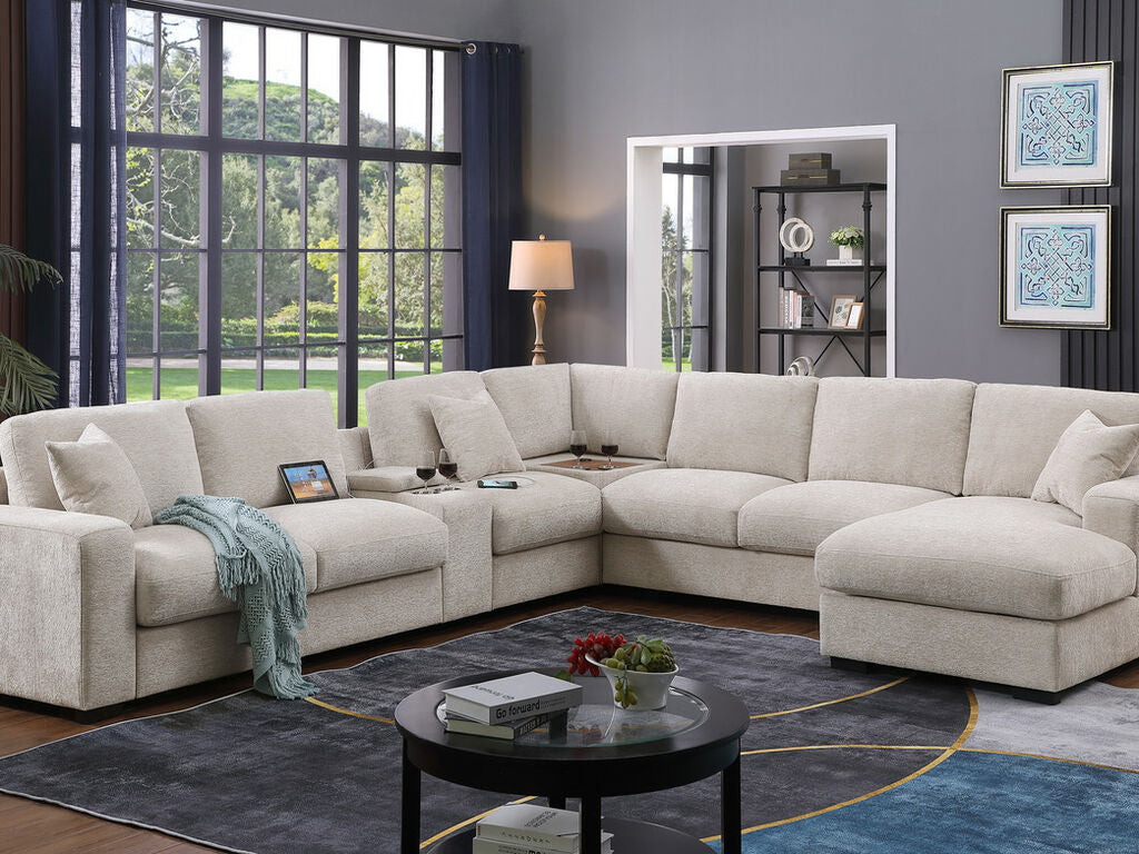 89298 6 pc Celine beige chenille fabric modular sectional sofa set with chaise and consoles with USB charging
