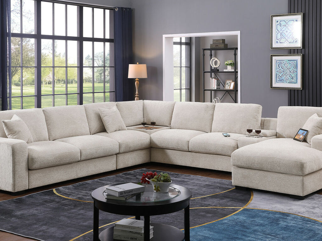 89298 6 pc Celine beige chenille fabric modular sectional sofa set with chaise and consoles with USB charging