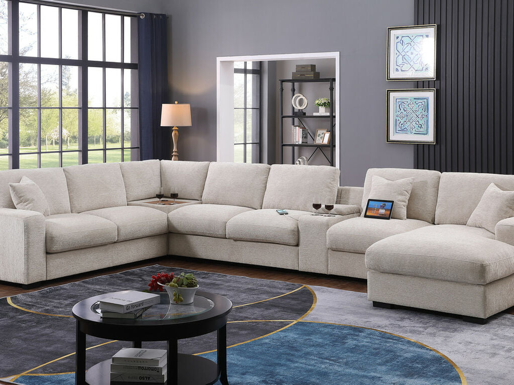 89298 6 pc Celine beige chenille fabric modular sectional sofa set with chaise and consoles with USB charging