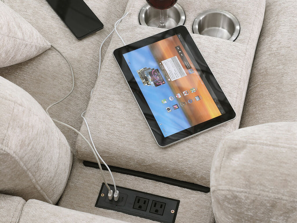 89298 6 pc Celine beige chenille fabric modular sectional sofa set with chaise and consoles with USB charging