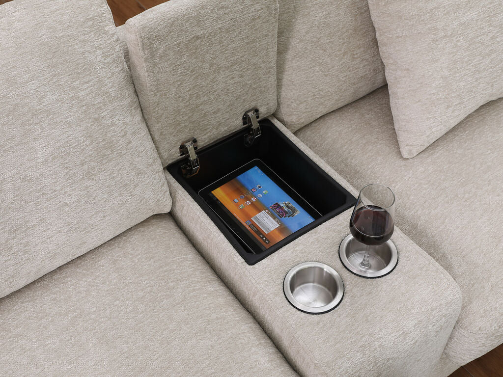 89298 6 pc Celine beige chenille fabric modular sectional sofa set with chaise and consoles with USB charging