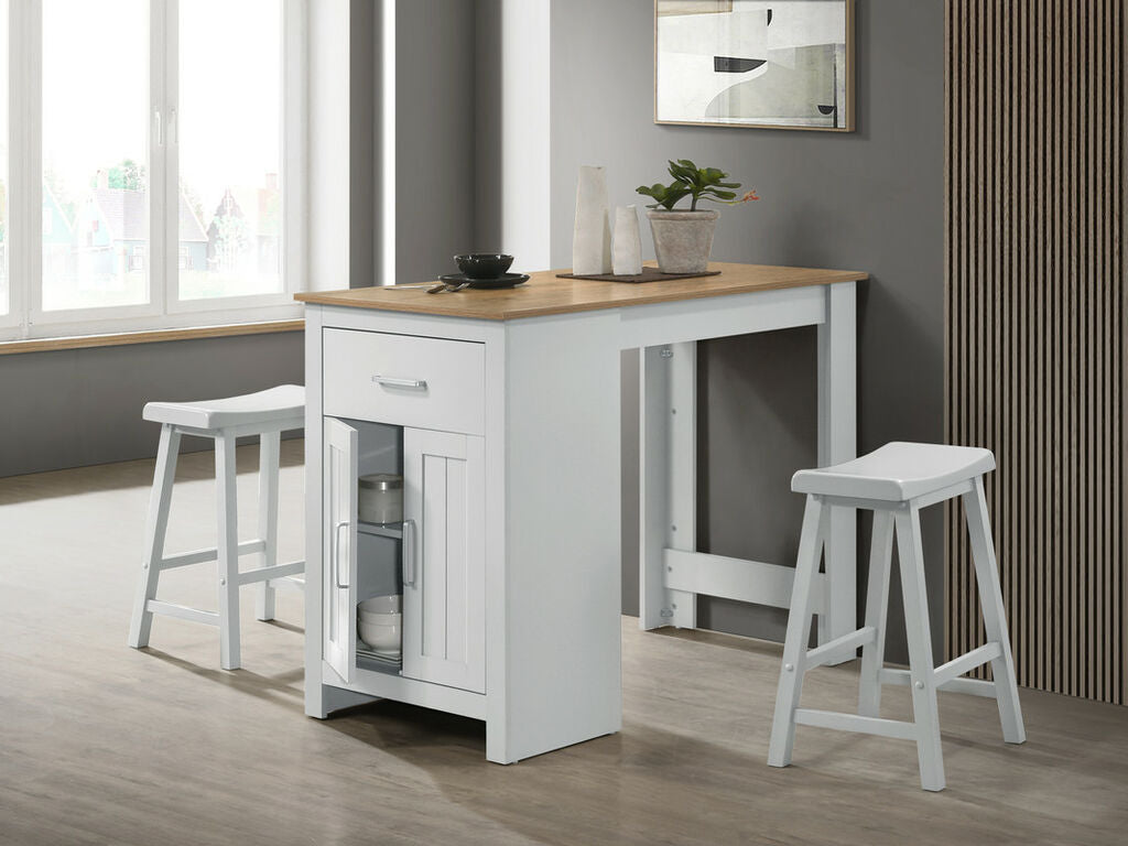 30501-3PC 3pc Charlton home alonzo two tone oak and white finish wood small space breakfast counter height table with storage and stools