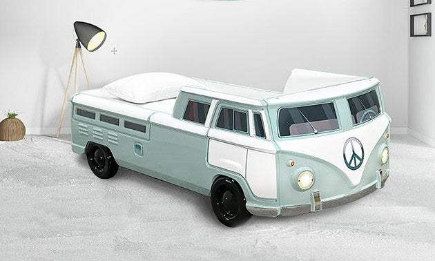 FOA7726TL Hokku designs axel teal peace bus VW style design twin size kids bed w/ LED lights and sounds