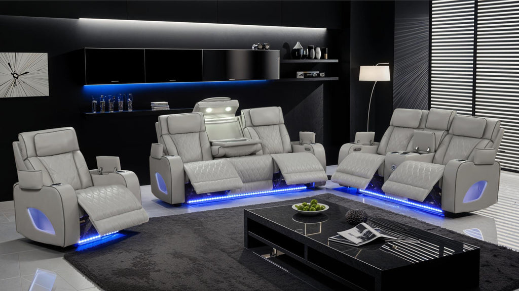 2 pc Fortuner grey faux leather power motion sofa and love seat with massagers , wireless charging, LEDS , cup holders