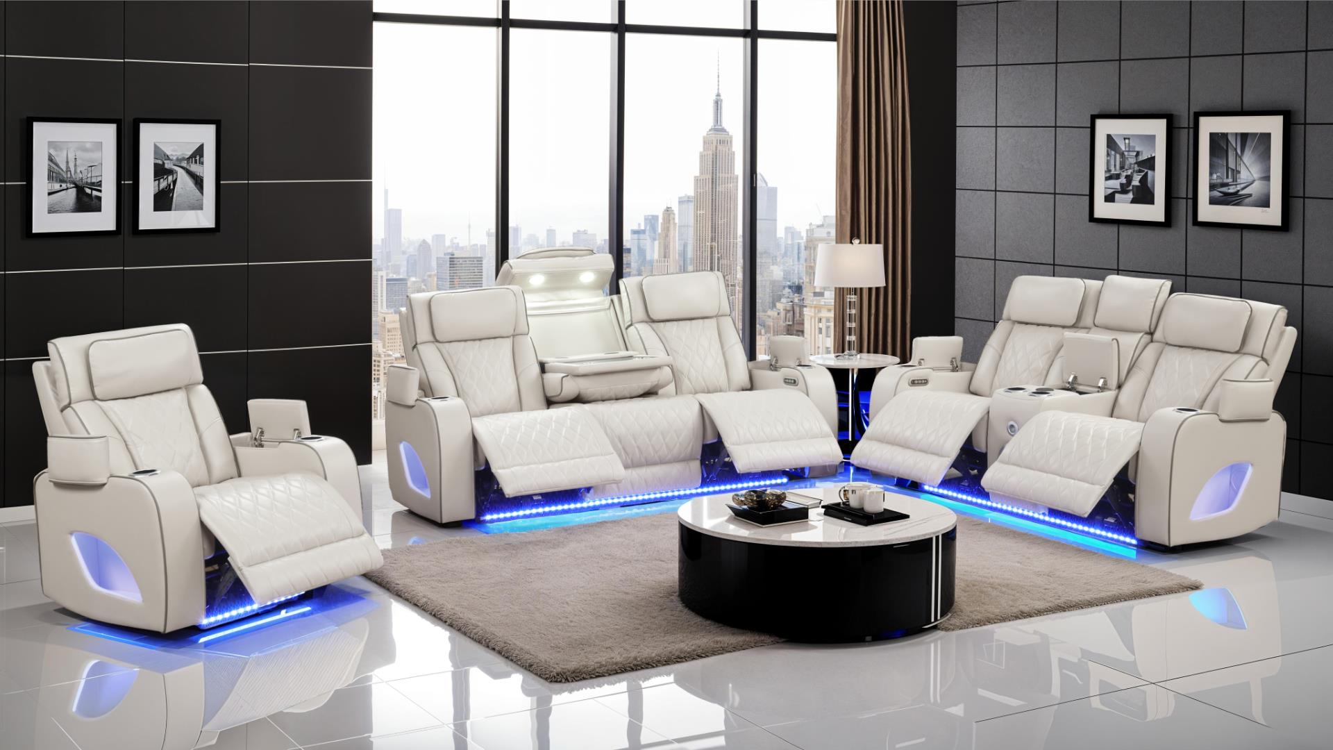 2 pc Fortuner ice faux leather power motion sofa and love seat with massagers , wireless charging, LEDS , cup holders