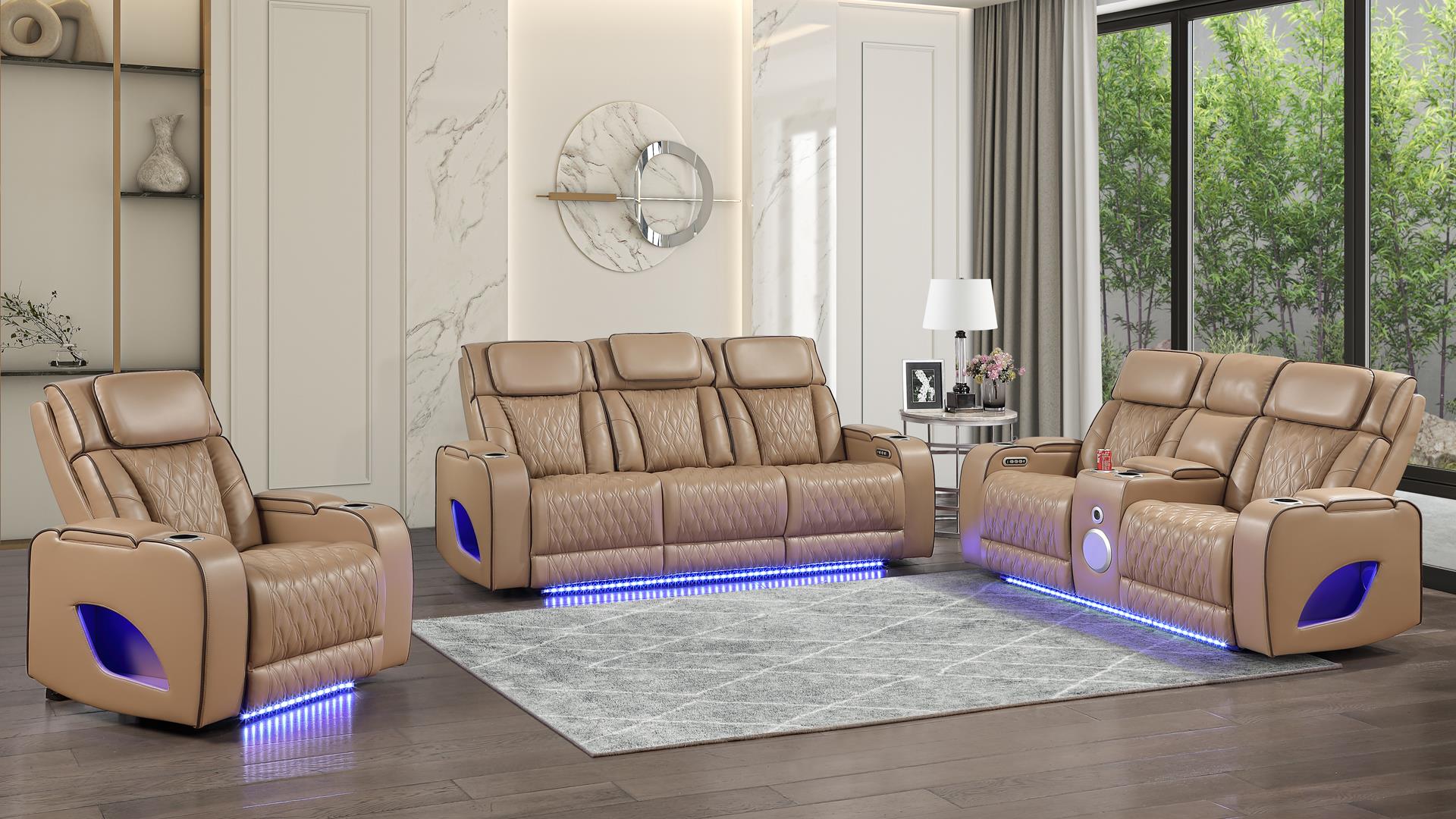 2 pc Fortuner caramel faux leather power motion sofa and love seat with massagers , wireless charging, LEDS , cup holders