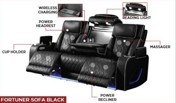 2 pc Fortuner black faux leather power motion sofa and love seat with massagers , wireless charging, LEDS , cup holders