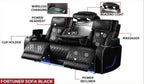 2 pc Fortuner black faux leather power motion sofa and love seat with massagers , wireless charging, LEDS , cup holders
