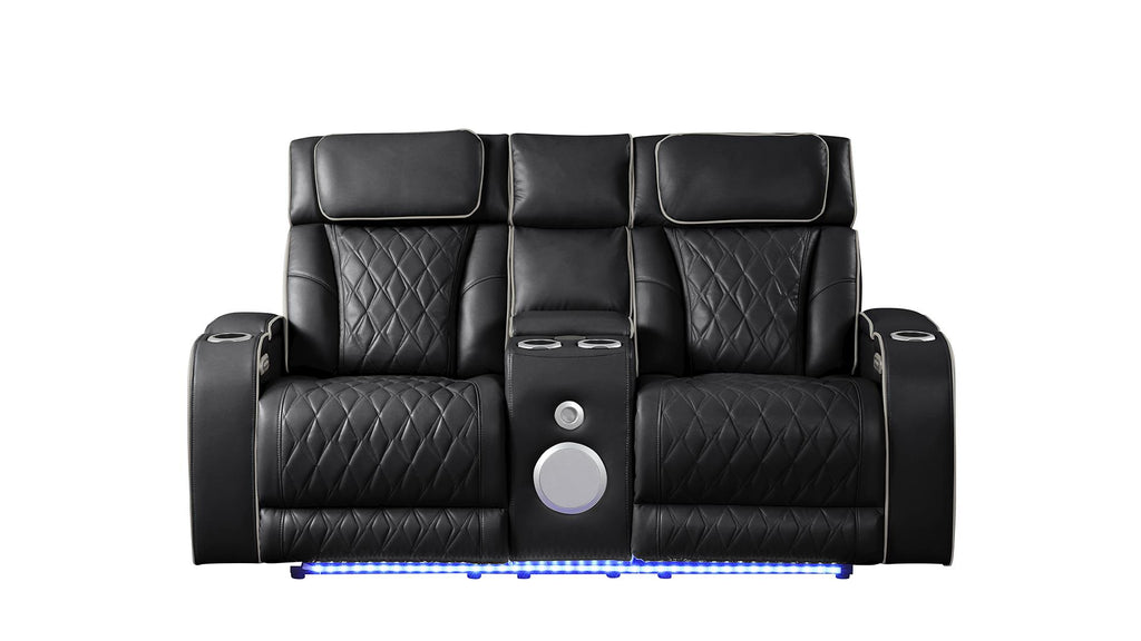 2 pc Fortuner black faux leather power motion sofa and love seat with massagers , wireless charging, LEDS , cup holders
