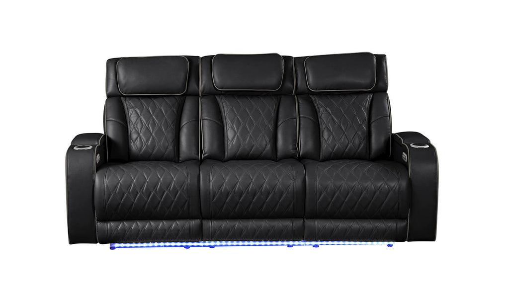 2 pc Fortuner black faux leather power motion sofa and love seat with massagers , wireless charging, LEDS , cup holders