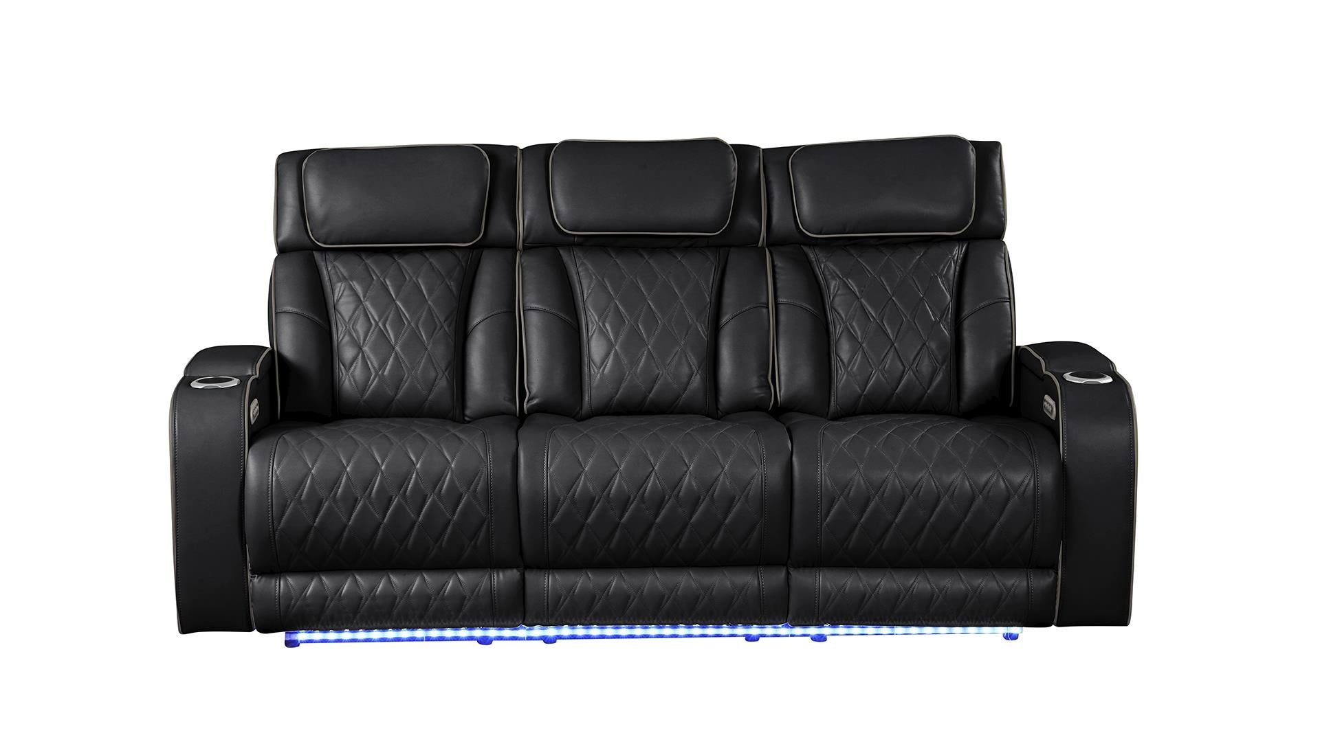 2 pc Fortuner black faux leather power motion sofa and love seat with massagers , wireless charging, LEDS , cup holders