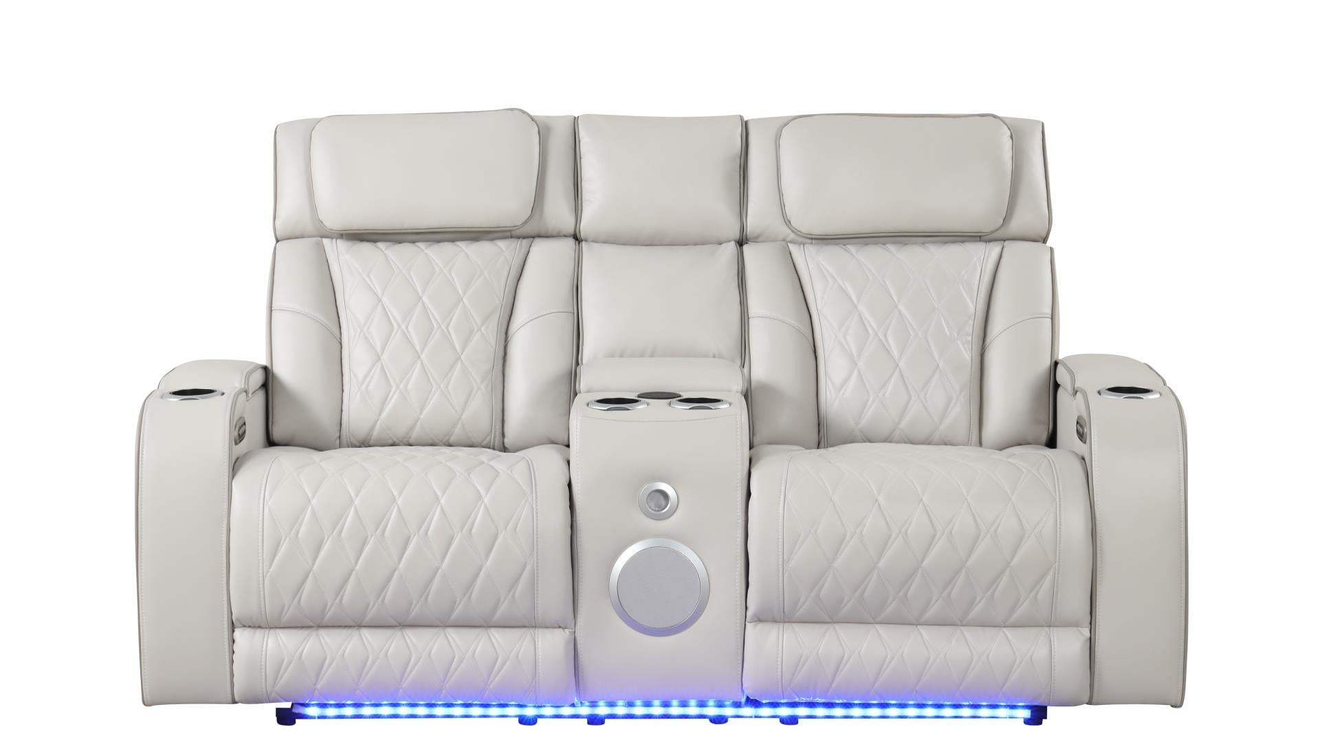 2 pc Fortuner ice faux leather power motion sofa and love seat with massagers , wireless charging, LEDS , cup holders