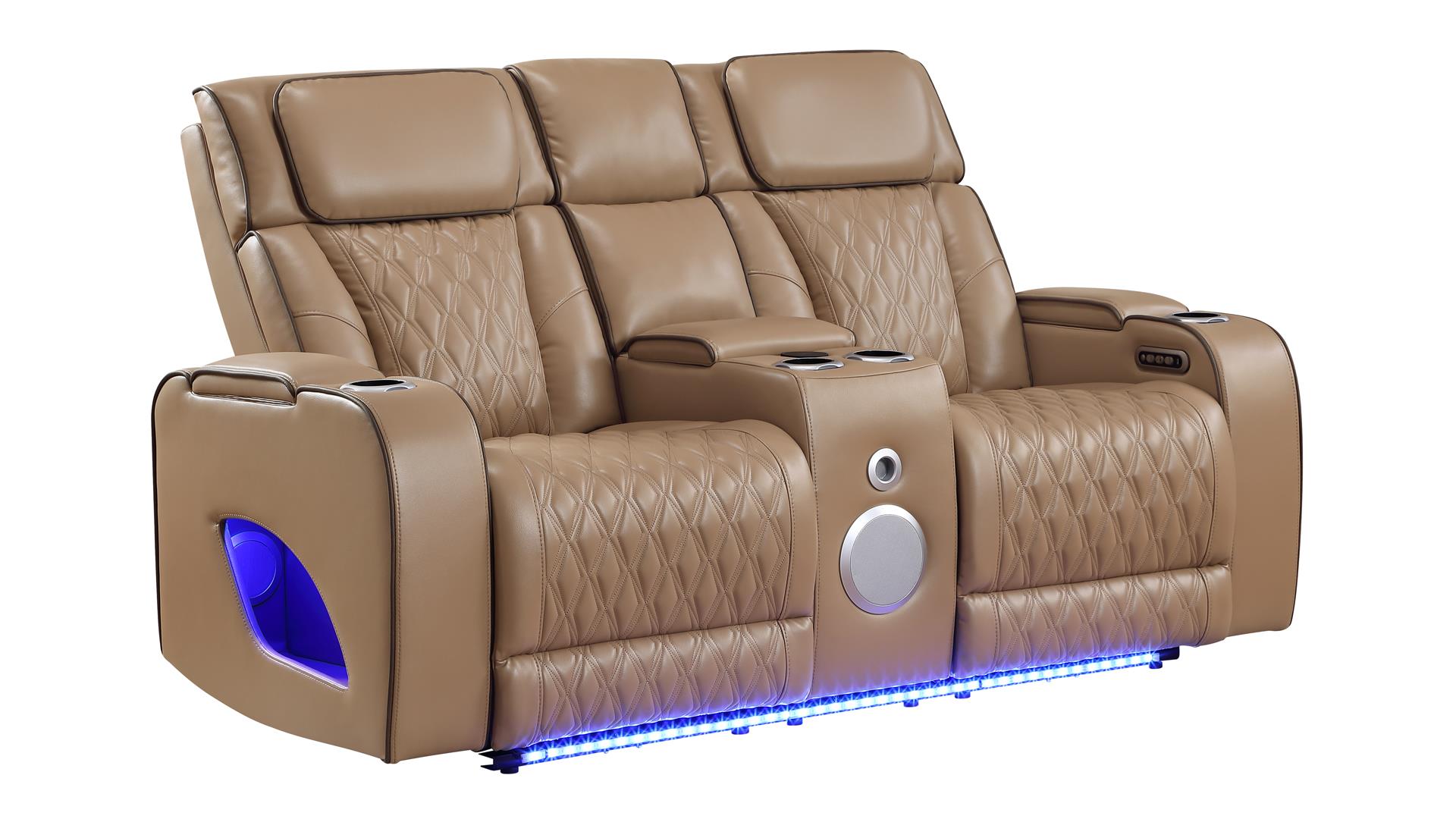 2 pc Fortuner caramel faux leather power motion sofa and love seat with massagers , wireless charging, LEDS , cup holders