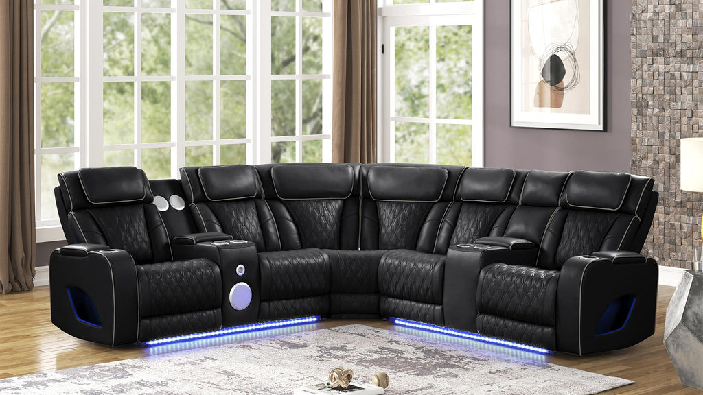 3 pc Fortuner black faux leather power motion sectional sofa with massagers and LED , Wireless charging, cup holders Bluetooth speakers