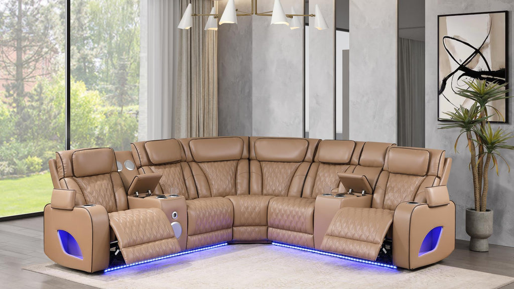 3 pc Fortuner caramel faux leather power motion sectional sofa with massagers and LED , Wireless charging, cup holders Bluetooth speakers