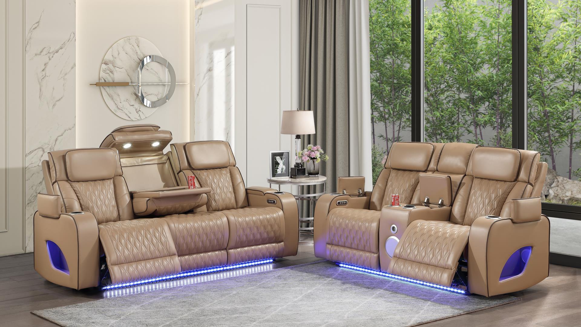2 pc Fortuner caramel faux leather power motion sofa and love seat with massagers , wireless charging, LEDS , cup holders