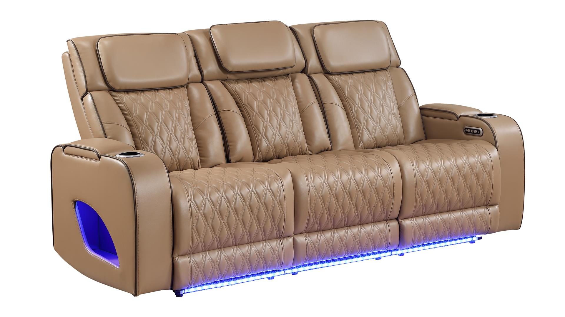 2 pc Fortuner caramel faux leather power motion sofa and love seat with massagers , wireless charging, LEDS , cup holders