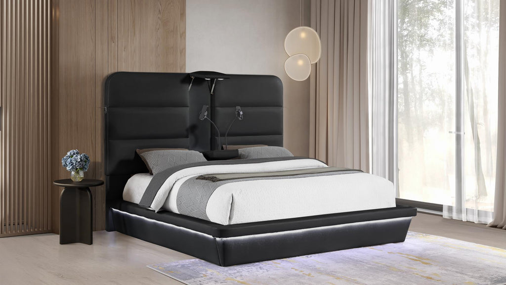 Futura black faux leather modern Queen bed with LED lighting wireless charging and nightlights
