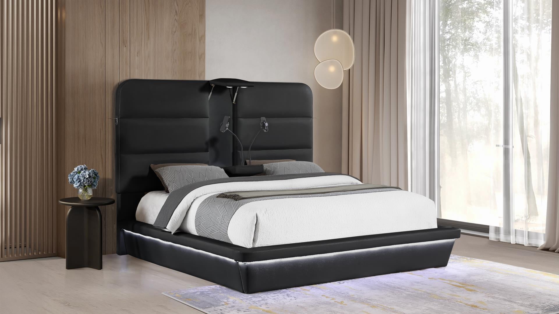 Futura black faux leather modern Queen bed with LED lighting wireless charging and nightlights