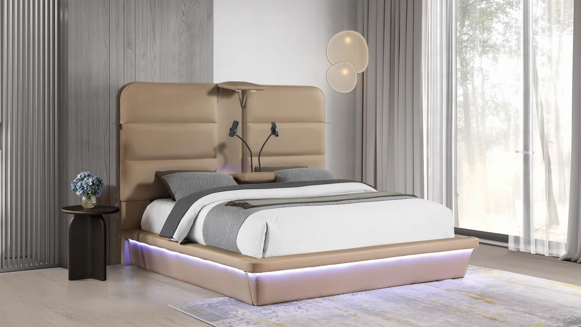 Futura caramel faux leather modern Queen bed with LED lighting wireless charging and nightlights