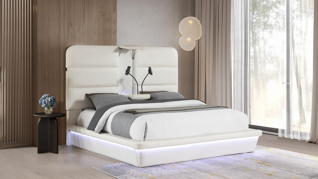 Futura white faux leather modern Queen bed with LED lighting wireless charging and nightlights