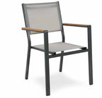 GM-2018-5PC 5 pc set Lyon gun metal finish aluminum frame teak wood top 50.5" round patio 3 in 1 game dining table with chairs