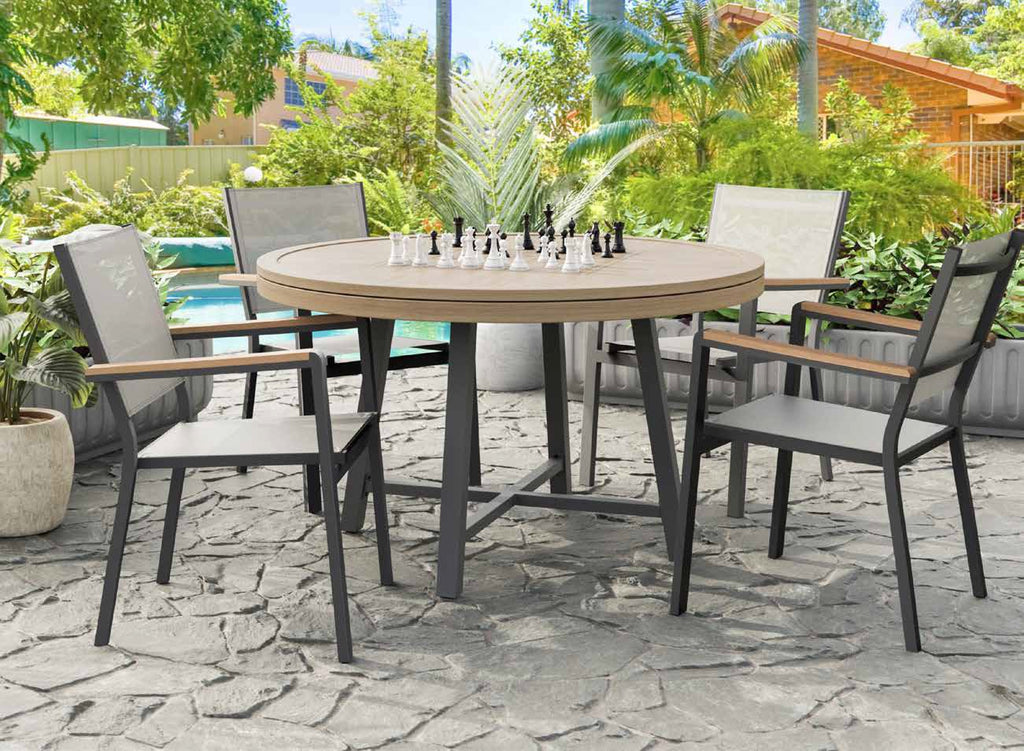 GM-2018-5PC 5 pc set Lyon gun metal finish aluminum frame teak wood top 50.5" round patio 3 in 1 game dining table with chairs