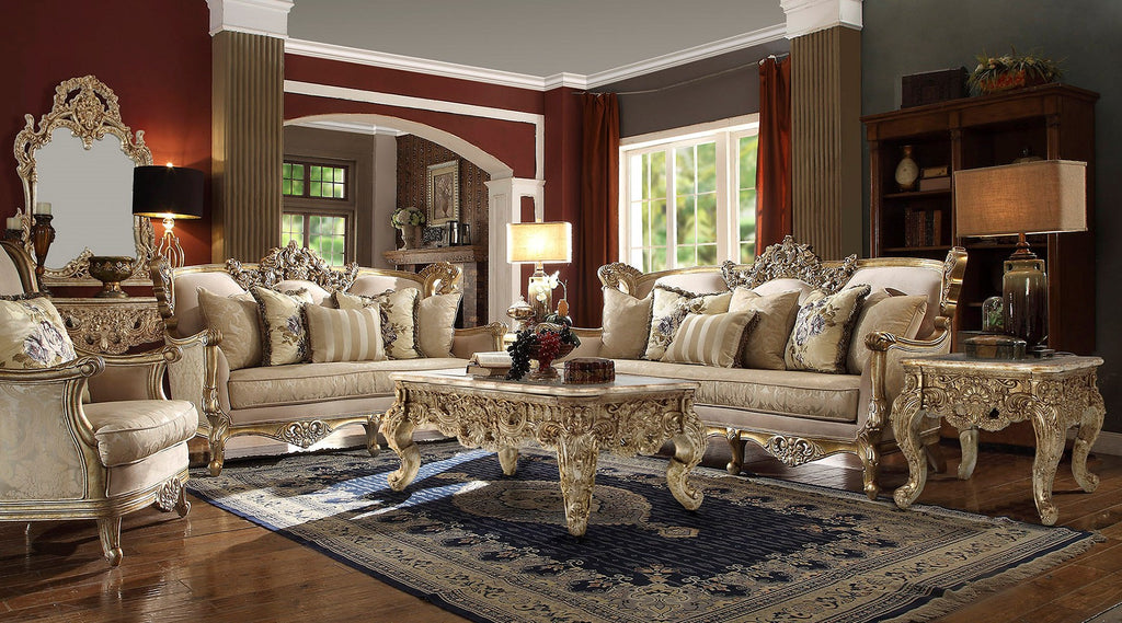 HD-04-3PC Metallic bright gold finish wood and multi tone fabric upholstery High back Sofa , love and chair living room set lark manor