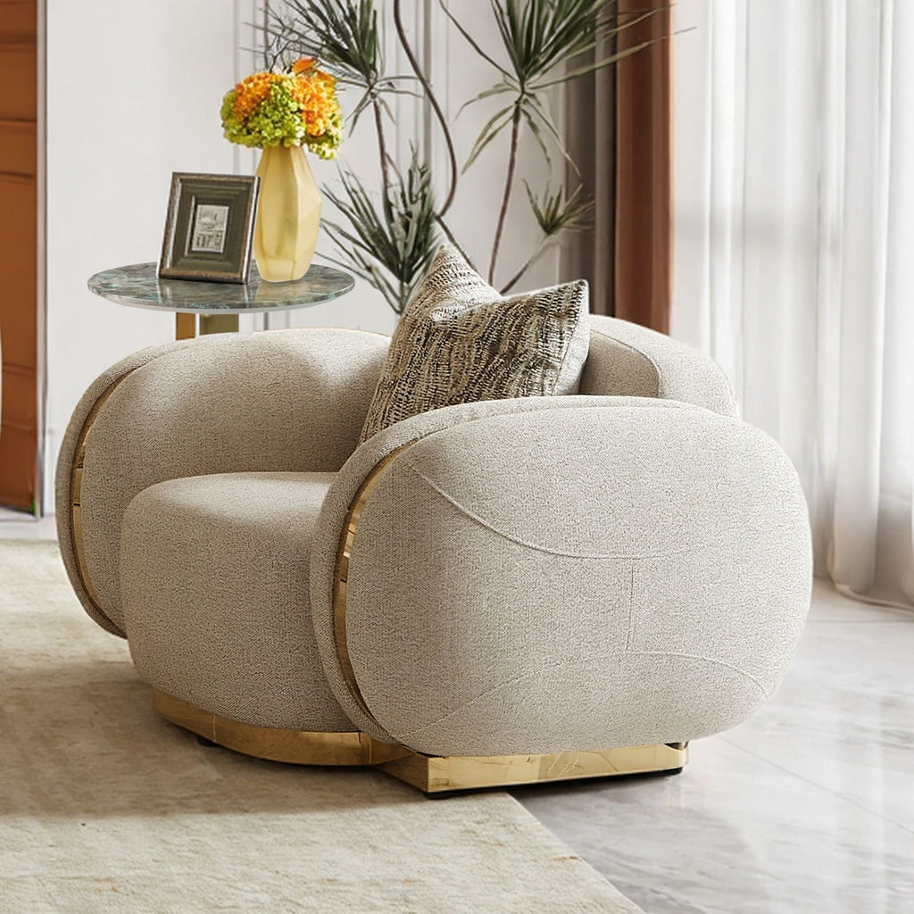 Beige Fabric 3-Piece Living Room Set with Rounded Arms and Gold-Tone Accents – HD-100-3PC