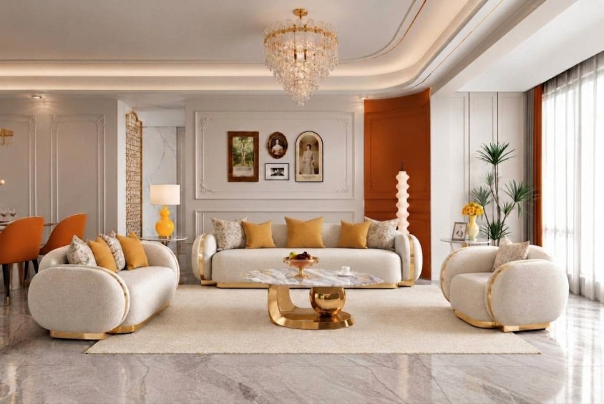Beige Fabric 3-Piece Living Room Set with Rounded Arms and Gold-Tone Accents – HD-100-3PC