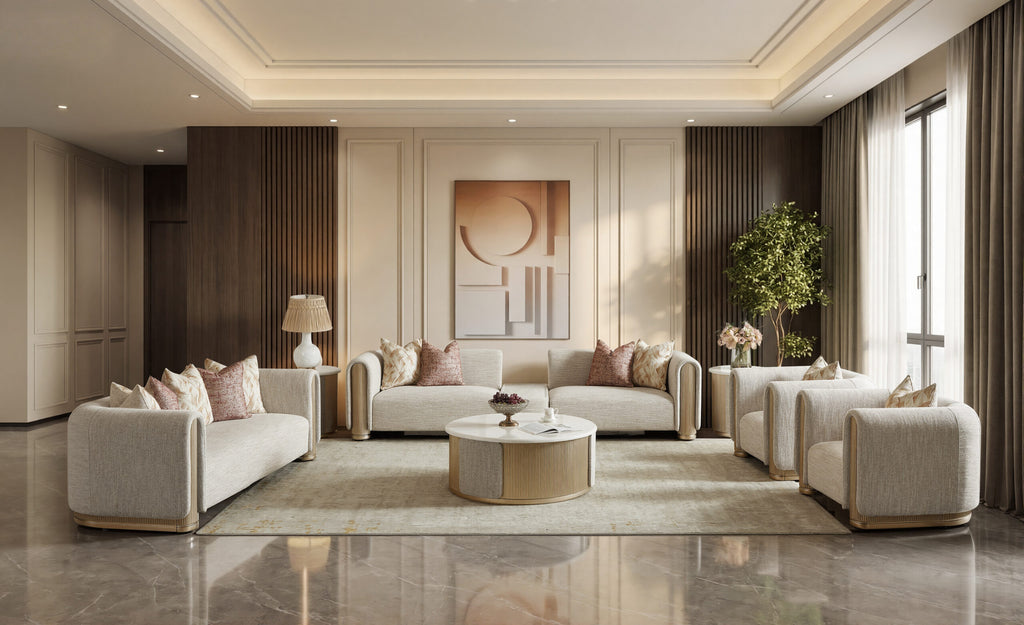 Beige Fabric 3-Piece Living Room Set with Rounded Arms and Gold-Tone Accents – HD-1032-3PC