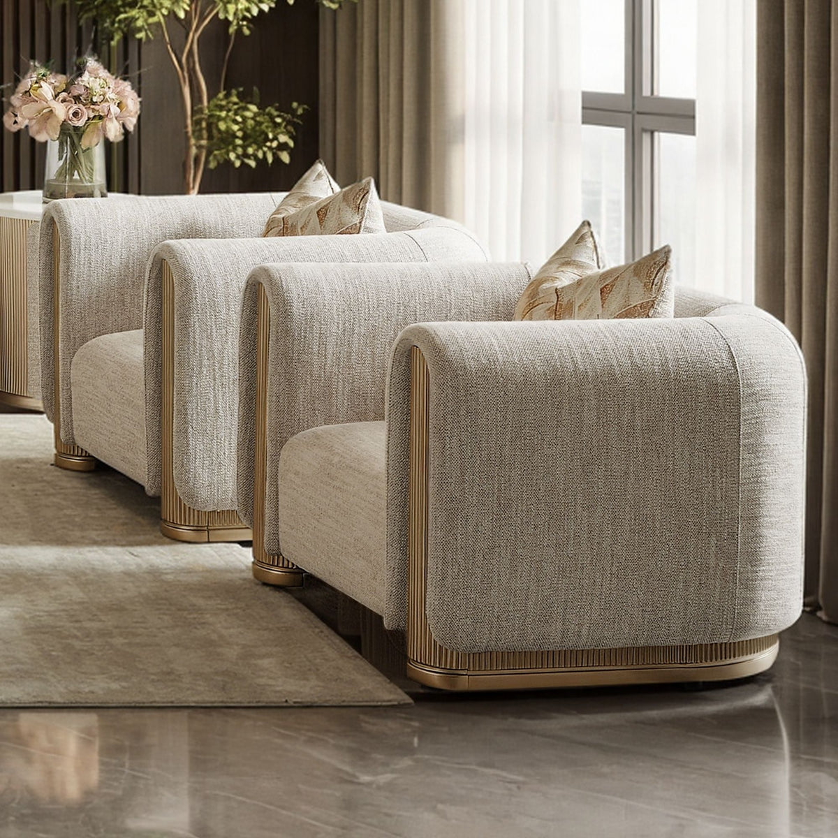 Beige Fabric 3-Piece Living Room Set with Rounded Arms and Gold-Tone Accents – HD-1032-3PC