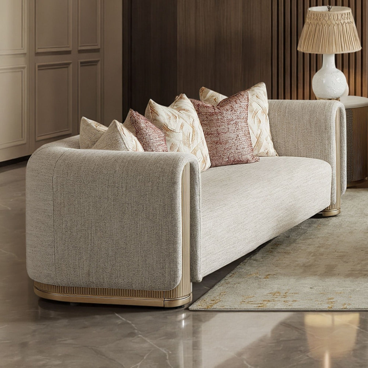 Beige Fabric 3-Piece Living Room Set with Rounded Arms and Gold-Tone Accents – HD-1032-3PC