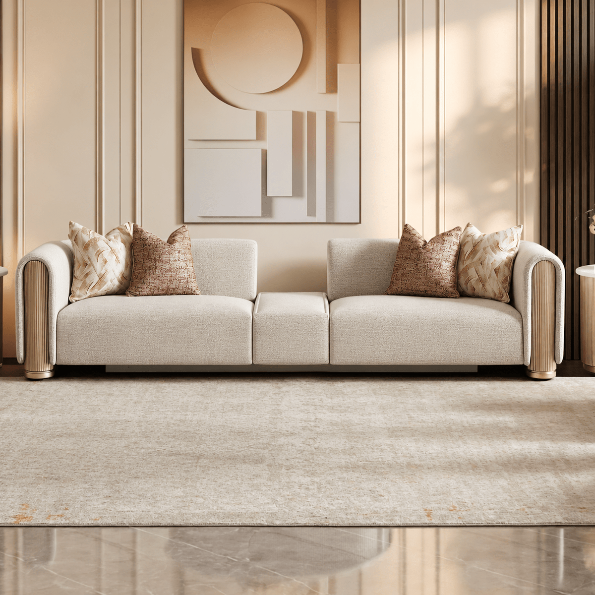 Beige Fabric 3-Piece Living Room Set with Rounded Arms and Gold-Tone Accents – HD-1032-3PC