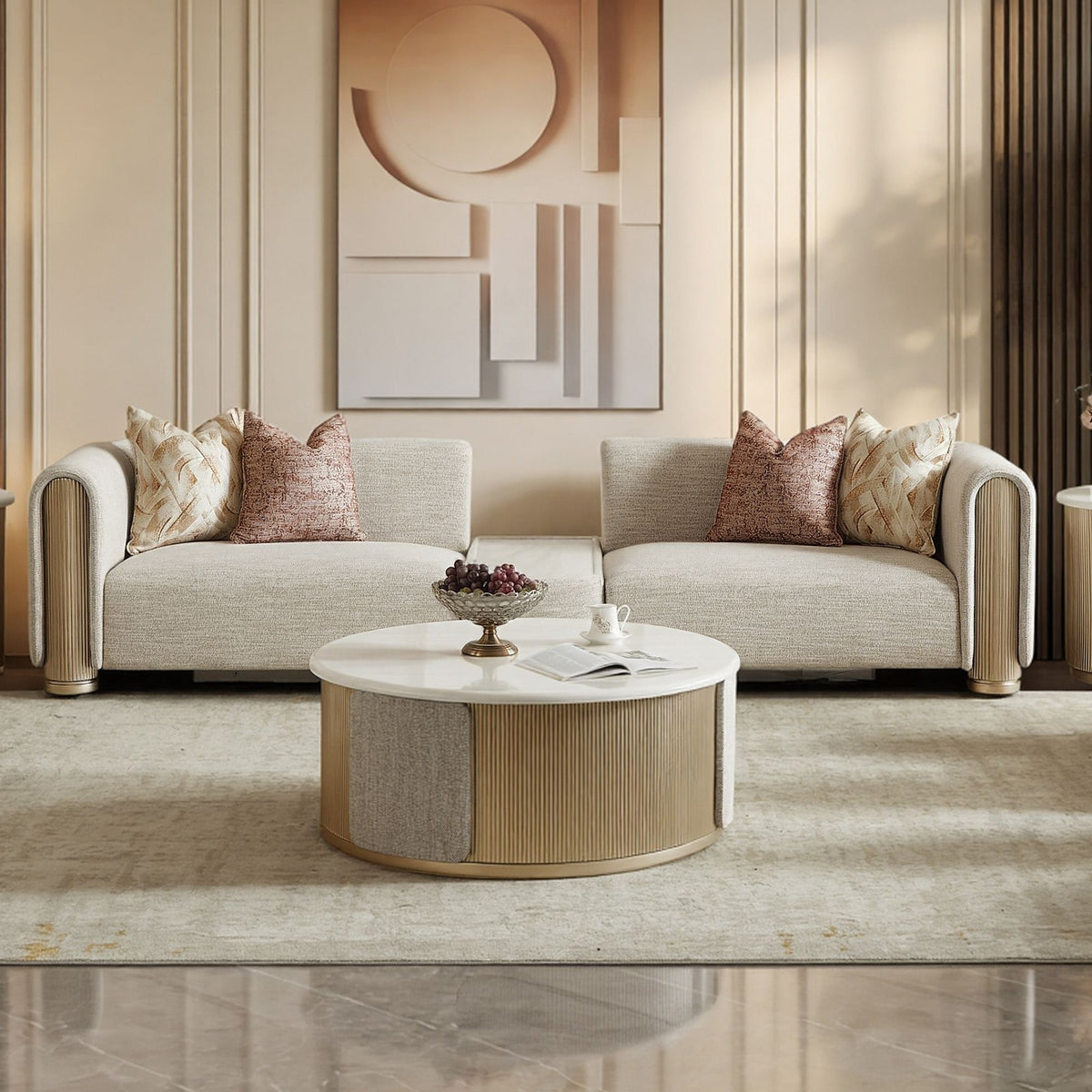 Beige Fabric 3-Piece Living Room Set with Rounded Arms and Gold-Tone Accents – HD-1032-3PC