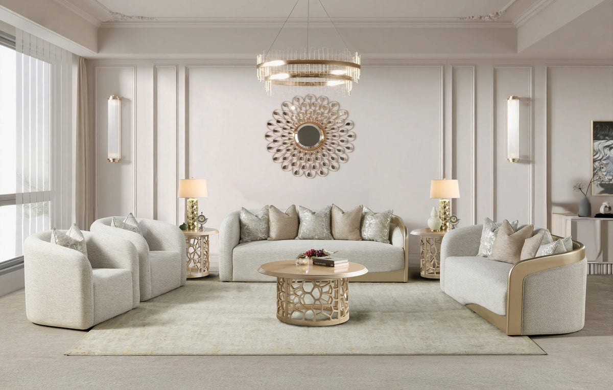 Beige Fabric 3-Piece Living Room Set with Rounded Arms and Gold-Tone Accents – HD-1053-3PC